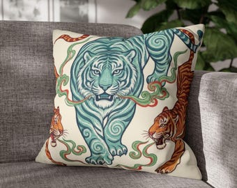 Chinoiserie Tiger Faux Suede Pillow Cover | Teal & Amber Eastern Motif Design