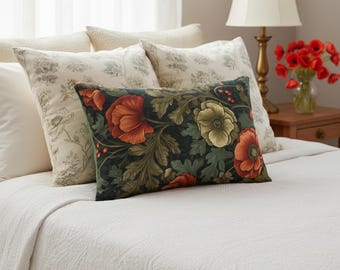 William Morris Poppy Garden Lumbar Pillow | Botanical Floral Pattern
