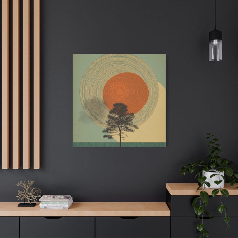 Tree Ring Wall Art | Mid Century Wall Art | Abstract Canvas Of Sun And Tree Nature Landscape