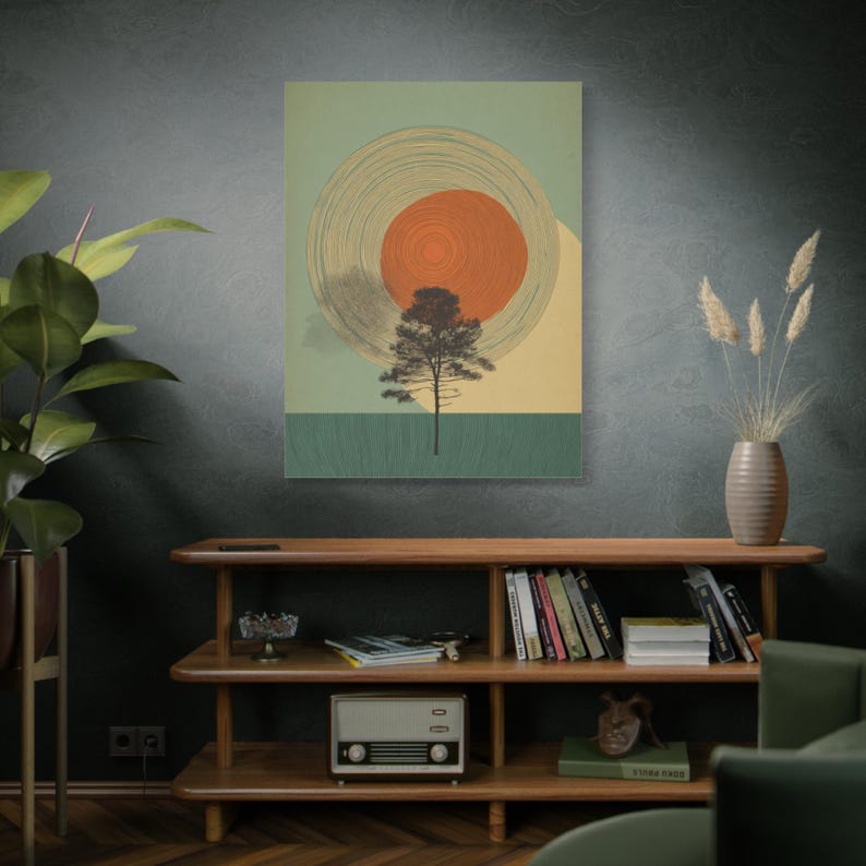 Tree Ring Wall Art | Mid Century Wall Art | Abstract Canvas Of Sun And Tree Nature Landscape
