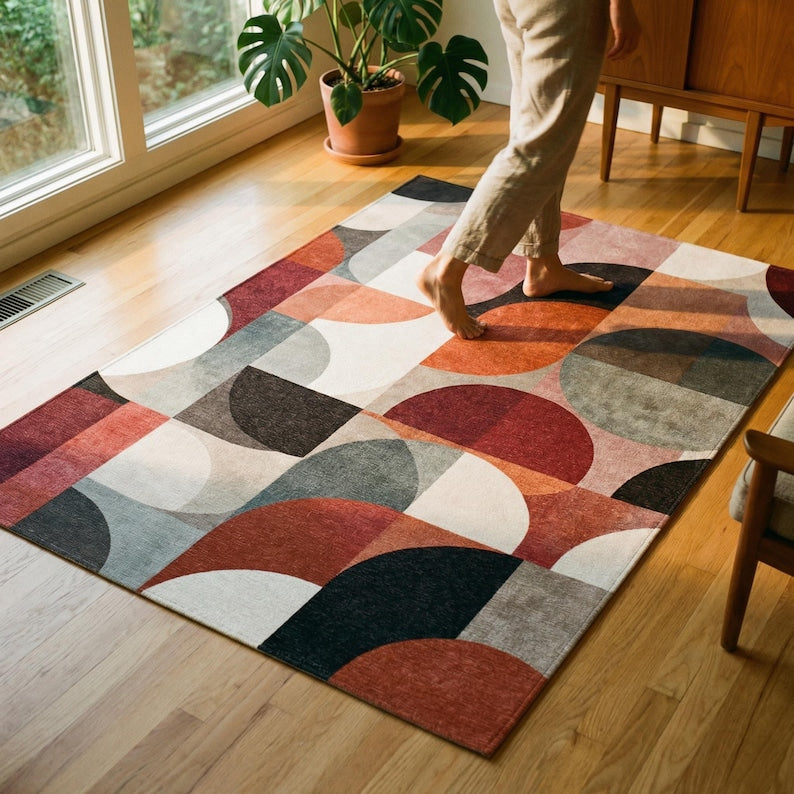 Mid-Century Modern Geometric Area Rug | Bauhaus Circles Pattern