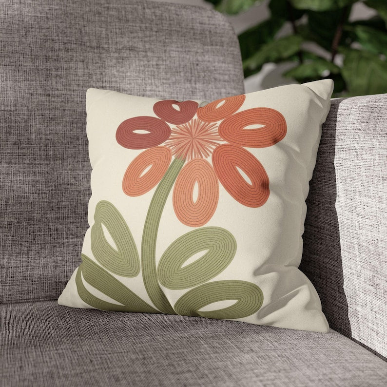 Terracotta Daisy Floral Pillowcase | Embroidery-Inspired Folk Art Throw Pillow Cover