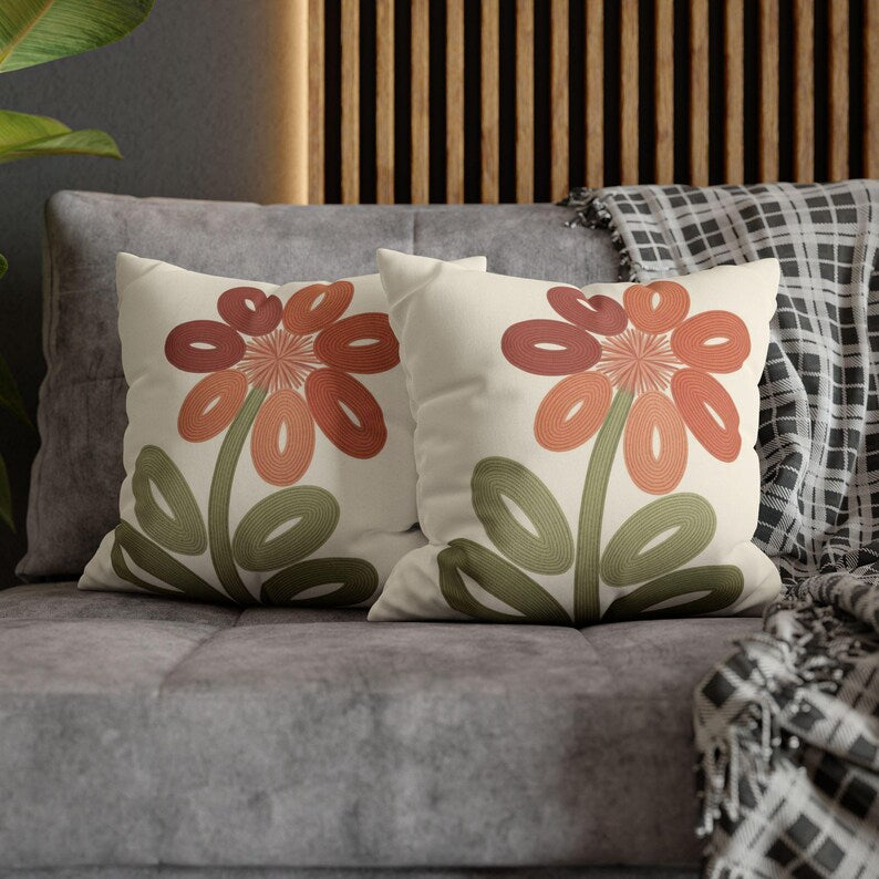 Terracotta Daisy Floral Pillowcase | Embroidery-Inspired Folk Art Throw Pillow Cover