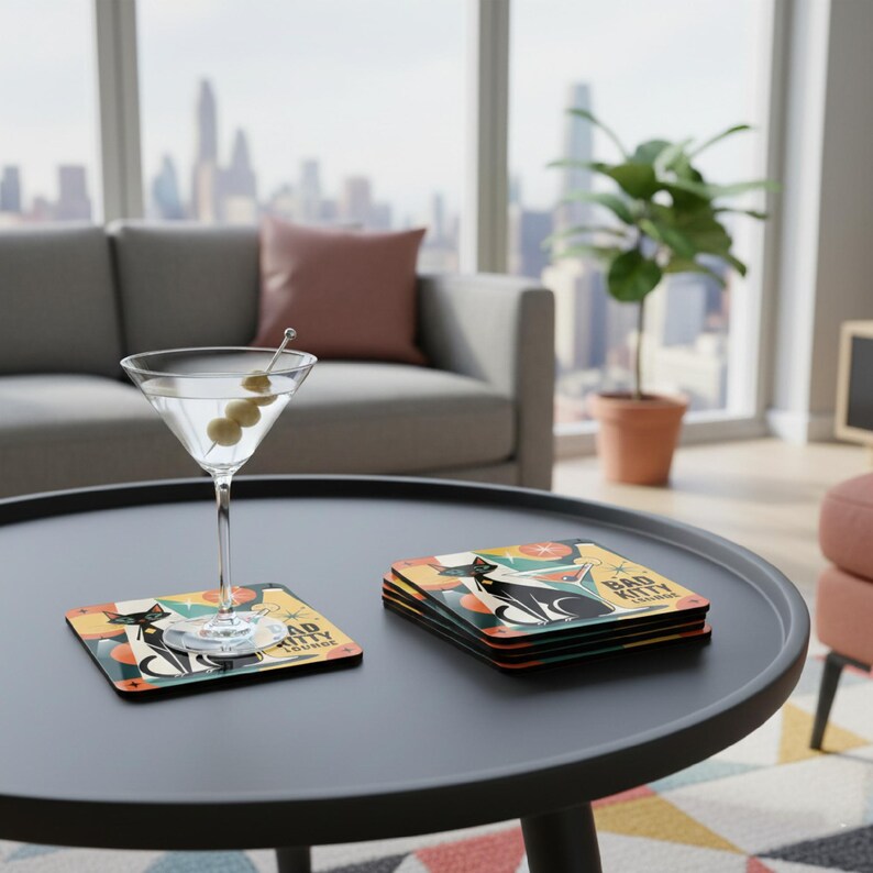 Atomic Cat Coasters Set of 4, Mid Century Modern Cork Drink Coasters, Retro Black Cat Gift, Bad Kitty Collection