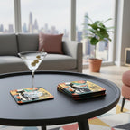 Atomic Cat Coasters Set of 4, Mid Century Modern Cork Drink Coasters, Retro Black Cat Gift, Bad Kitty Collection