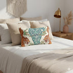 Teal and amber chinoiserie tiger lumbar pillow with botanical pattern