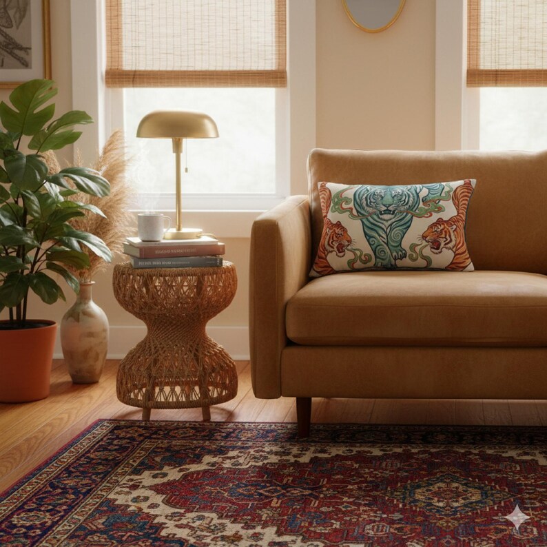 Teal Amber Chinoiserie Tiger Lumbar Pillow