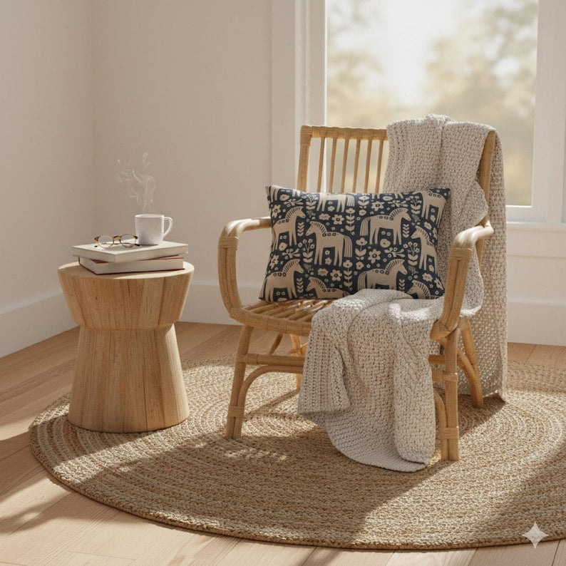 Scandinavian Blue White Folk Horse Lumbar Pillow | Decorative Throw