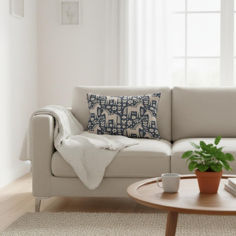 Scandinavian Blue White Folk Horse Lumbar Pillow | Decorative Throw
