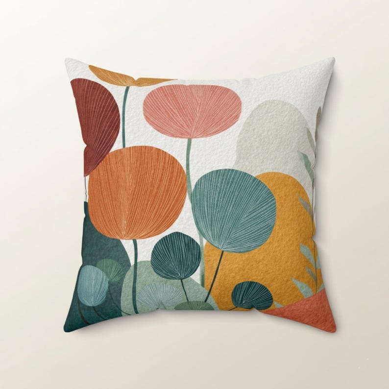 Mid-Century Botanical Throw Pillow | Modern Watercolor Florals