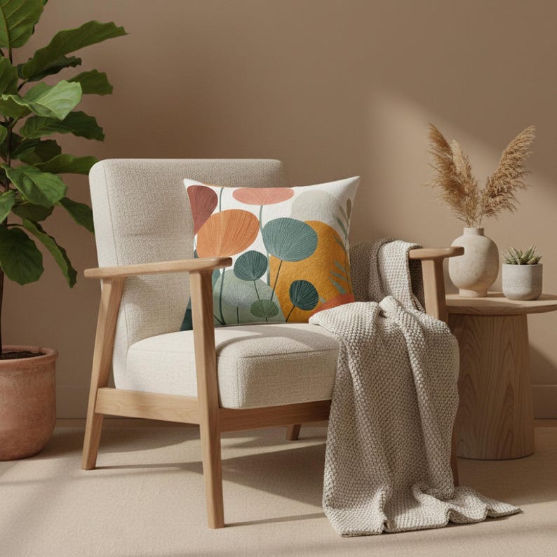 Mid-Century Botanical Throw Pillow | Modern Watercolor Florals