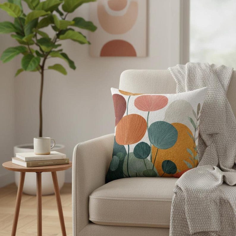 Mid-Century Botanical Throw Pillow | Modern Watercolor Florals