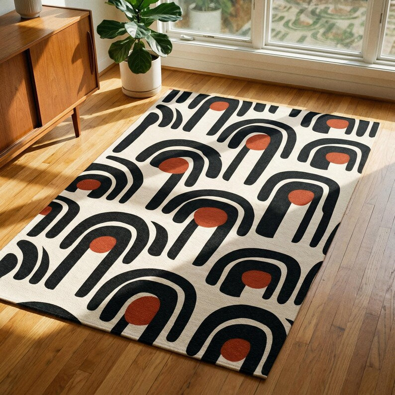 Mid-Century Arch Geometric Area Rug | Retro Terracotta Charcoal Cream
