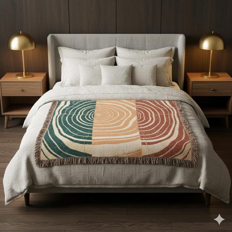 Woven blanket boho modern | Boho throw blanket | Tree ring art abstract nature