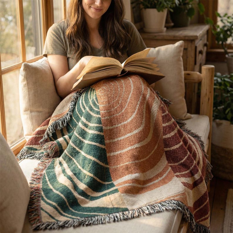Woven blanket boho modern | Boho throw blanket | Tree ring art abstract nature