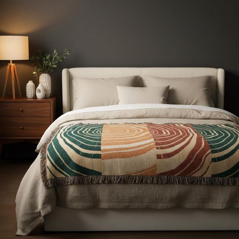 Woven blanket boho modern | Boho throw blanket | Tree ring art abstract nature