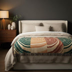 Abstract tree ring woven blanket in green rust cream and charcoal
