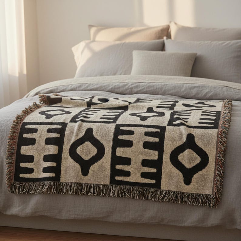 Black Neutral Geometric Pattern Woven Blanket | Modern Minimal Throw