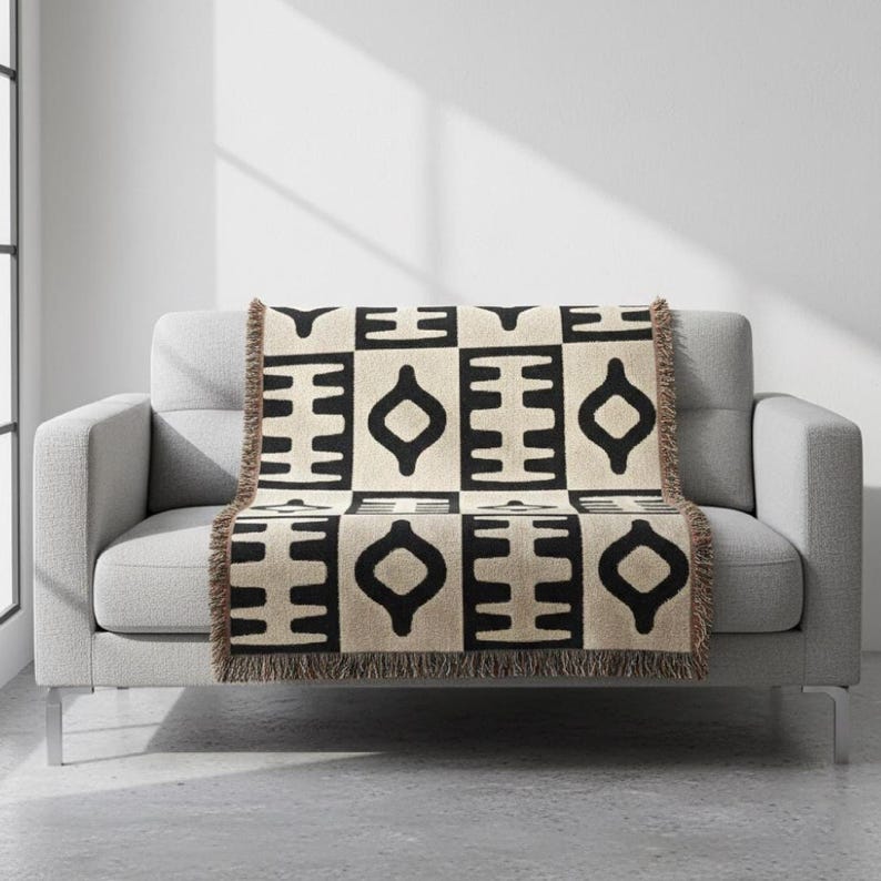 Black Neutral Geometric Pattern Woven Blanket | Modern Minimal Throw