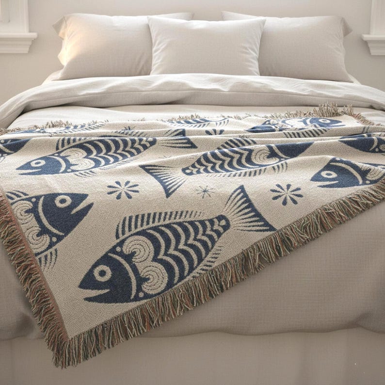 Scandinavian Dala Fish Pattern Woven Blanket | Folk Art