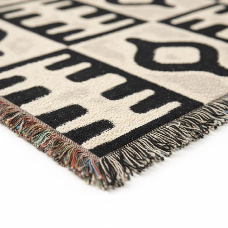 Black Neutral Geometric Pattern Woven Blanket | Modern Minimal Throw