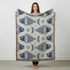 Scandinavian Fish Woven Blanket | Blue Nordic Folk Throw