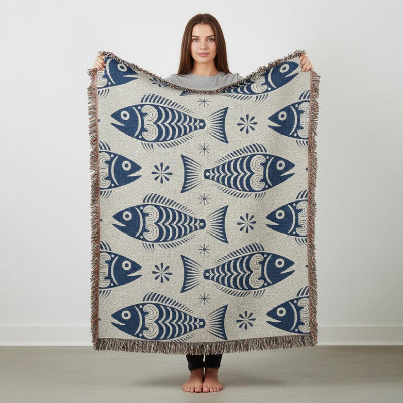 Scandinavian Dala Fish Pattern Woven Blanket | Folk Art