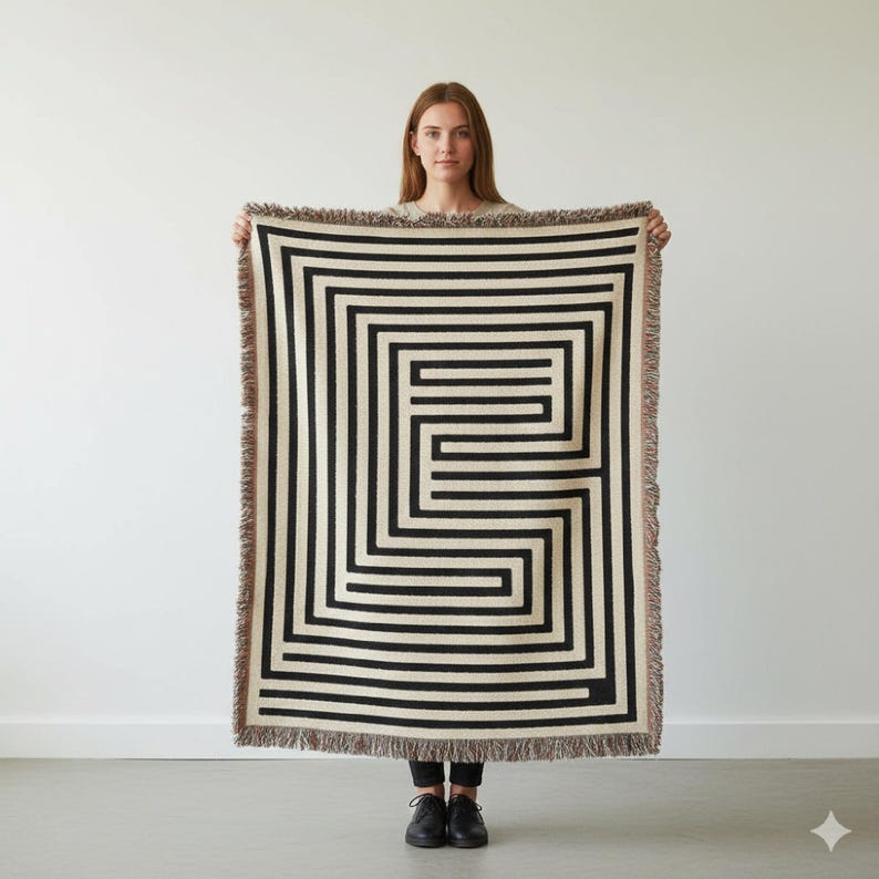 Abstract Geometric Maze Woven Blanket | Modern Minimalist Scandinavian Throw