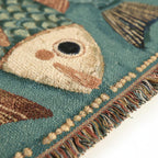Teal Folk Fish Woven Blanket | Vintage Lodge-Style Throw