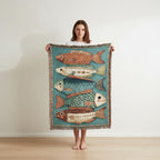 Teal Folk Fish Woven Blanket | Vintage Lodge-Style Throw