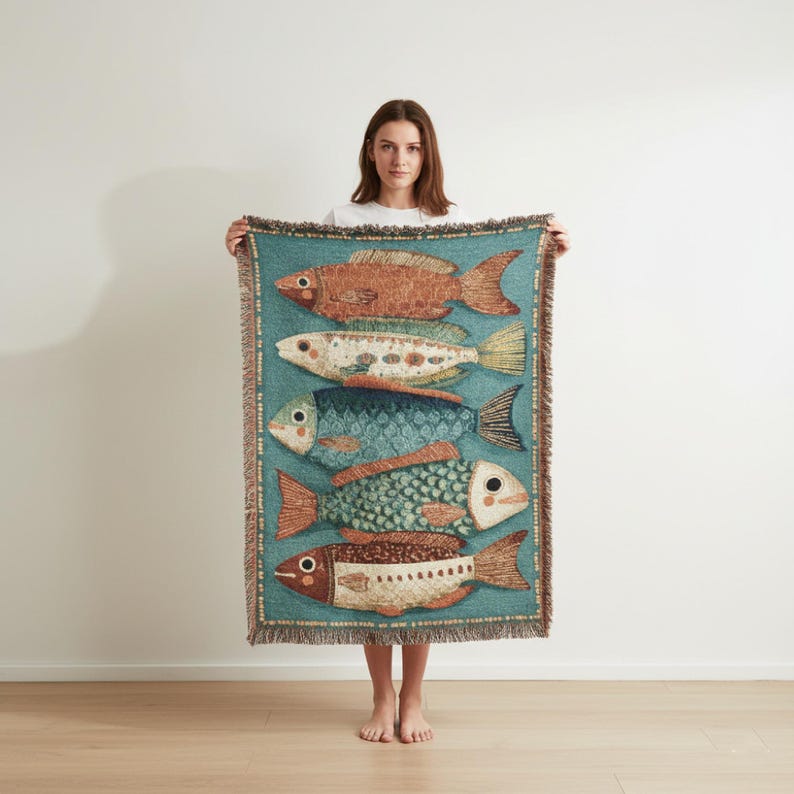 Stacked Folk Fish Woven Blanket | Vintage Rustic Lodge Throw