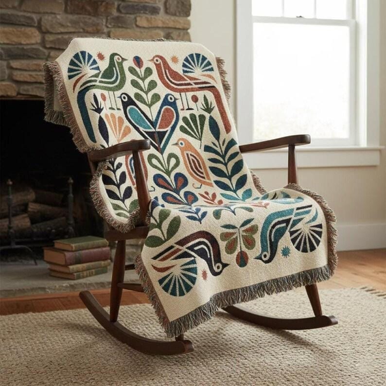 Woven Throw Blanket | Folk Bird Mid Century Boho Design | Boho Home Decor Gift