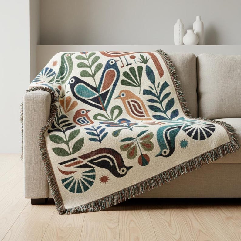 Woven Throw Blanket | Folk Bird Mid Century Boho Design | Boho Home Decor Gift