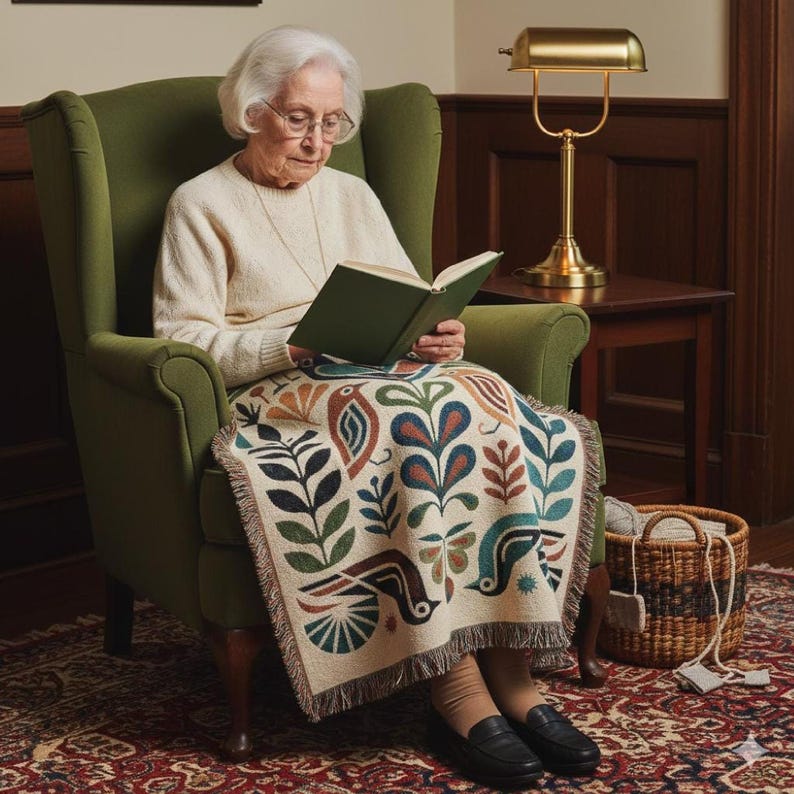 Woven Throw Blanket | Folk Bird Mid Century Boho Design | Boho Home Decor Gift