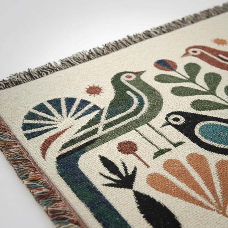 Woven Throw Blanket | Folk Bird Mid Century Boho Design | Boho Home Decor Gift
