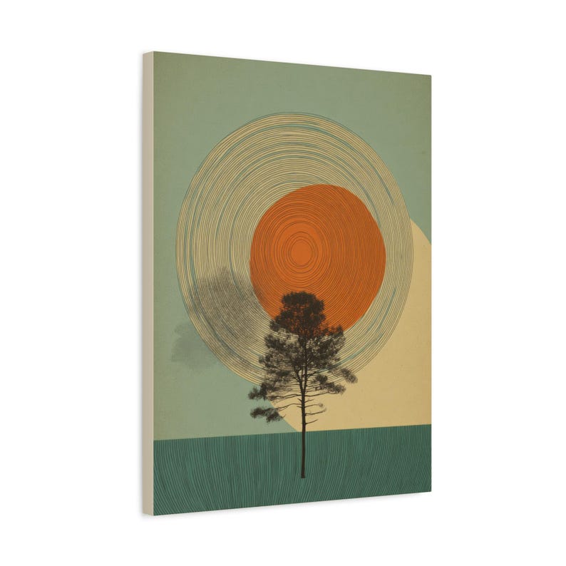 Tree Ring Wall Art | Mid Century Wall Art | Abstract Canvas Of Sun And Tree Nature Landscape