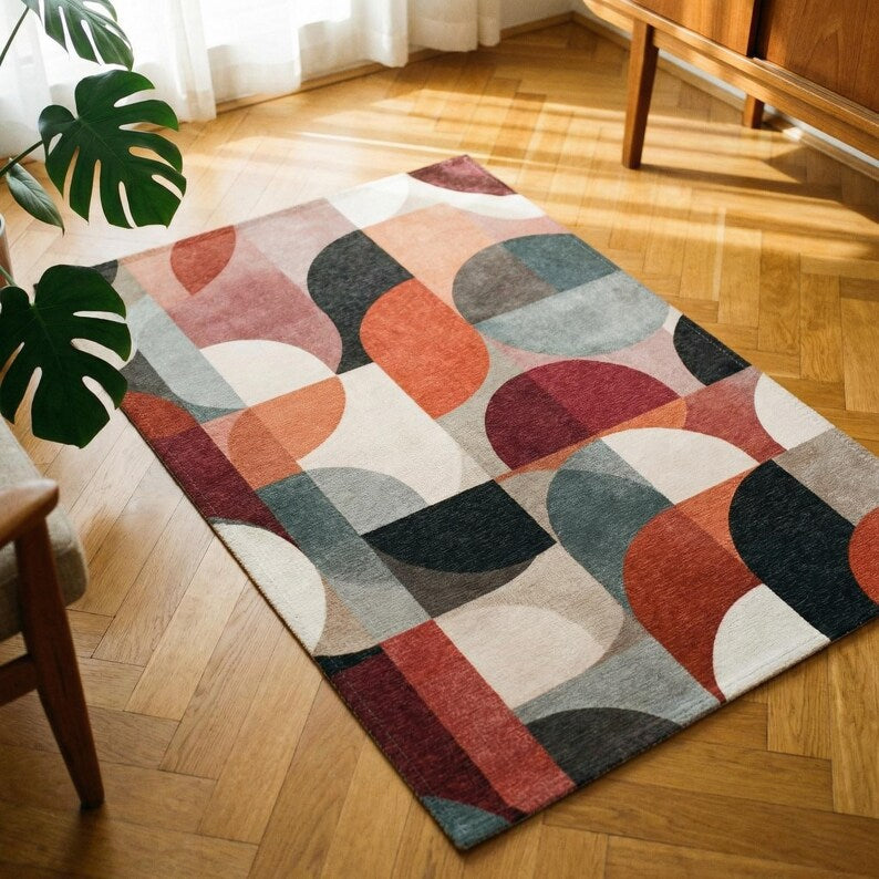 Mid-Century Modern Geometric Area Rug | Bauhaus Circles Pattern