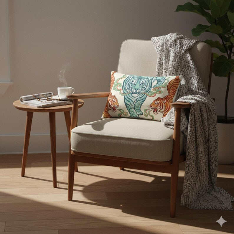 Teal Amber Chinoiserie Tiger Lumbar Pillow