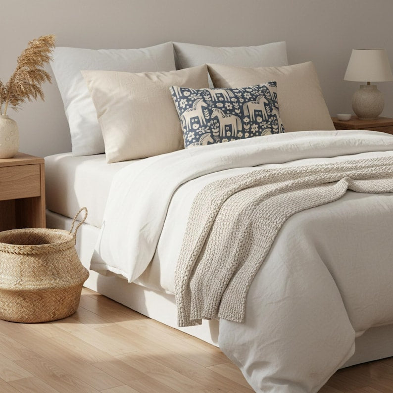 Scandinavian Blue White Folk Horse Lumbar Pillow | Decorative Throw