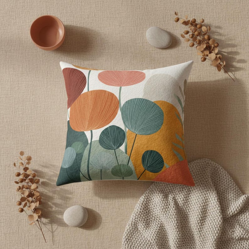 Mid-Century Botanical Throw Pillow | Modern Watercolor Florals