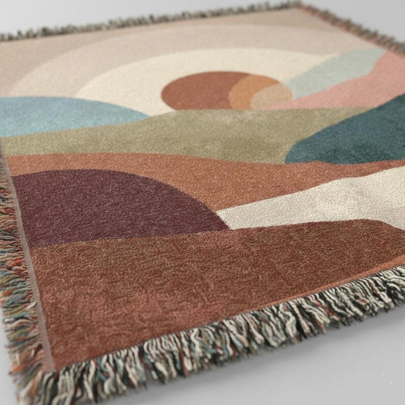 Woven blanket boho modern | Boho throw blanket | Abstract landscape nature lover blanket