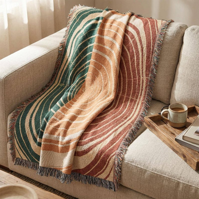 Woven blanket boho modern | Boho throw blanket | Tree ring art abstract nature