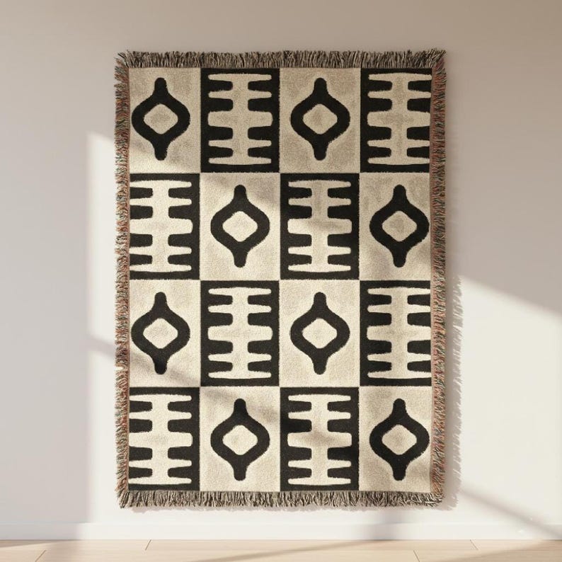 Black Neutral Geometric Pattern Woven Blanket | Modern Minimal Throw