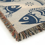 Scandinavian Fish Woven Blanket | Blue Nordic Folk Throw