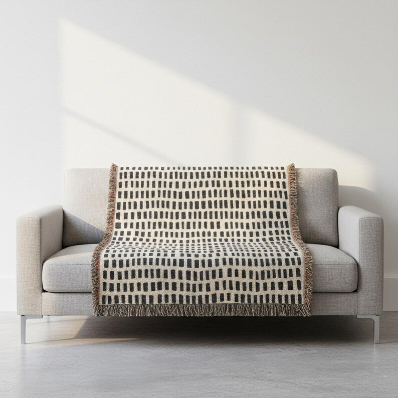 Hand-Drawn Grid Texture Woven Blanket | Black Cream Minimalist Throw