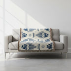 Scandinavian Fish Woven Blanket | Blue Nordic Folk Throw
