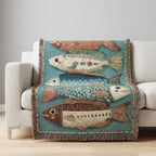 Teal Folk Fish Woven Blanket | Vintage Lodge-Style Throw