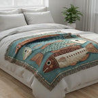 Teal rust and cream folk fish woven blanket in a vintage lodge style