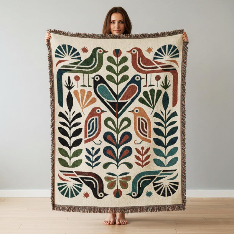 Woven Throw Blanket | Folk Bird Mid Century Boho Design | Boho Home Decor Gift