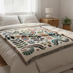 Colorful Scandinavian folk bird and botanical woven blanket with fringe